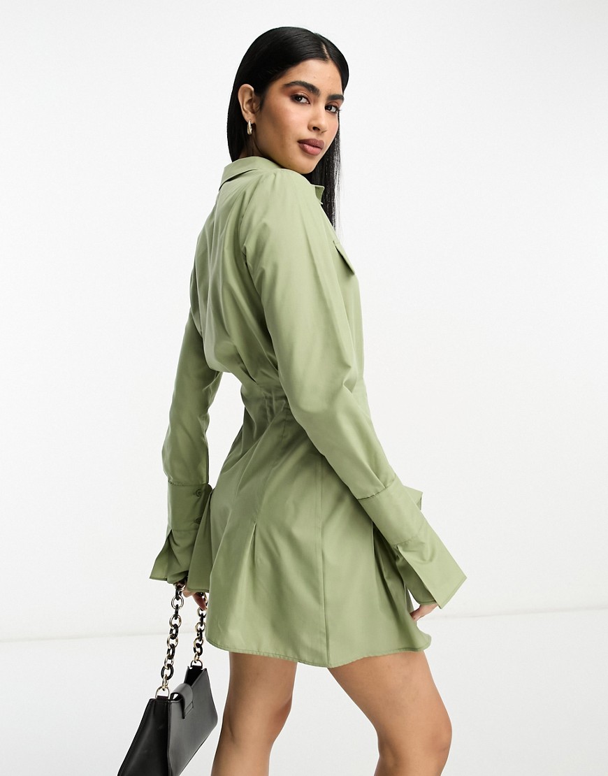 ASOS DESIGN utility mini shirt dress with nipped in waist and pocket detail in khaki-Multi
