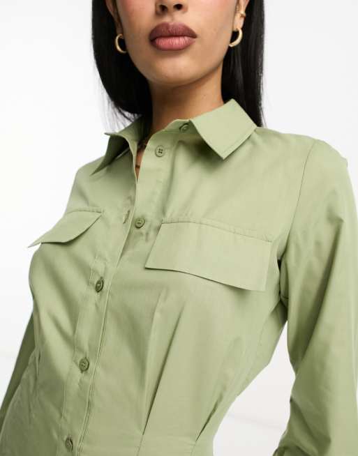 Cute Olive Green Dress - Button-Up Shirt Dress - Collared Dress