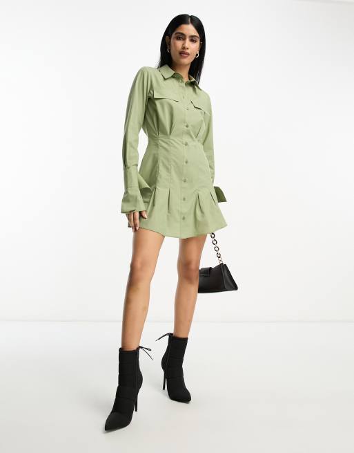 ASOS DESIGN utility mini shirt dress with nipped in waist and pocket detail  in khaki