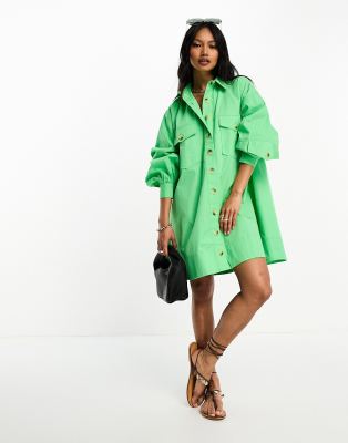 ASOS DESIGN utility mini shirt dress with pocket sleeve detail in green