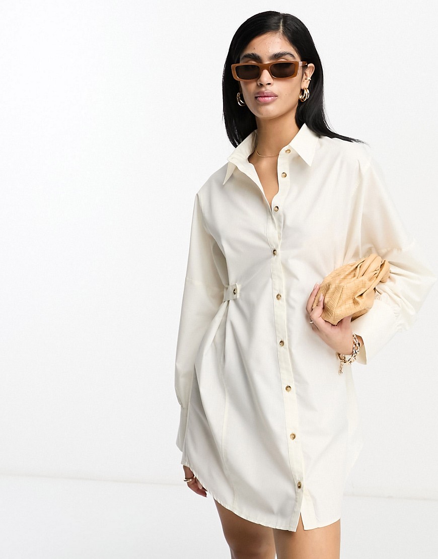 Asos Design Utility Mini Shirt Dress With Tab Waist With Horn Buttons In Cream-white