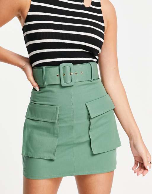 ASOS DESIGN utility mini skirt with belt detail in khaki