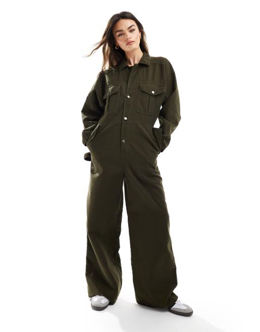 ASOS DESIGN - Utility-overall met dubbele kraag en broek met omgeslagen boorden van premium stof in kaki