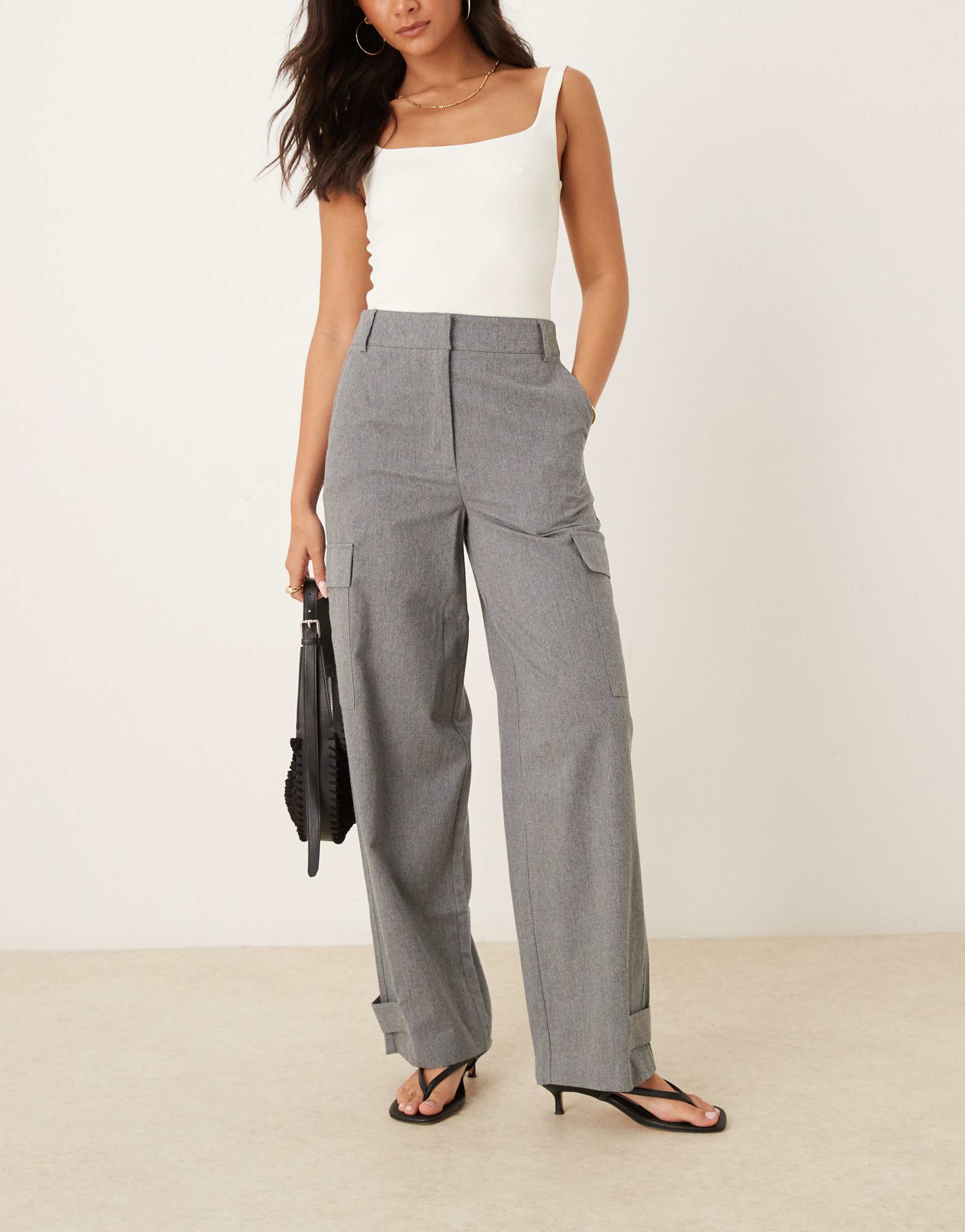 asos design utility pants with pocket detail in brushed flannel in gray heather