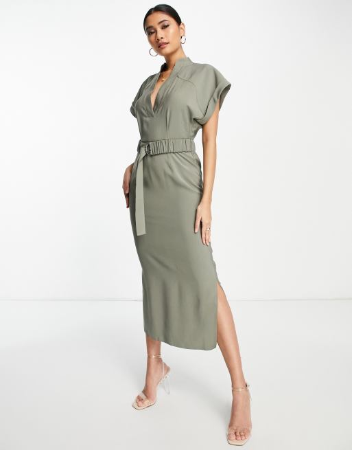 ASOS DESIGN utility pencil midi dress with d-ring belt in khaki | ASOS