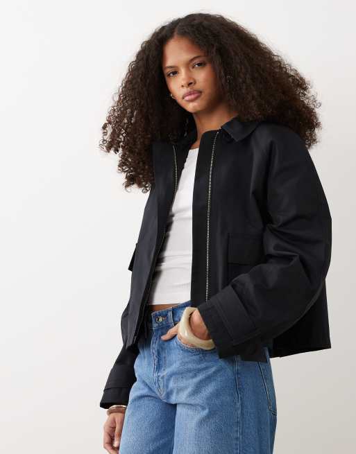 ASOS DESIGN utility pocket short cape back trench with cotton and water repellent finish in navy, 2 of 4