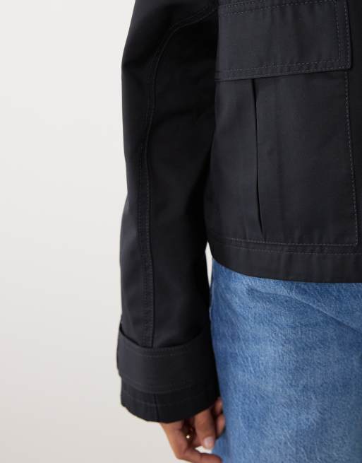 ASOS DESIGN utility pocket short cape back trench with cotton and water repellent finish in navy, 3 of 4