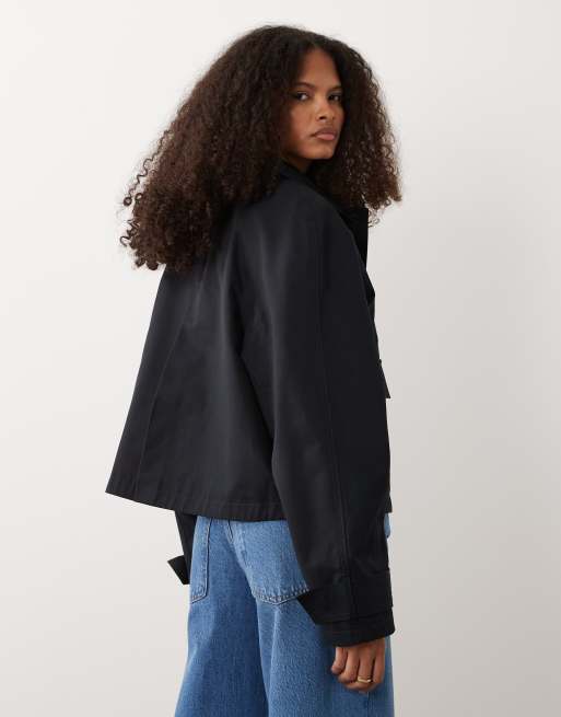 ASOS DESIGN utility pocket short cape back trench with cotton and water repellent finish in navy, 4 of 4