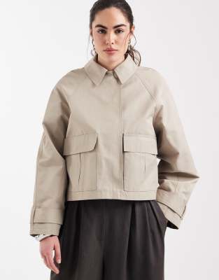 Asos Design Utility Pocket Short Trench Jacket With Cotton And Water-repellent Finish In Brown
