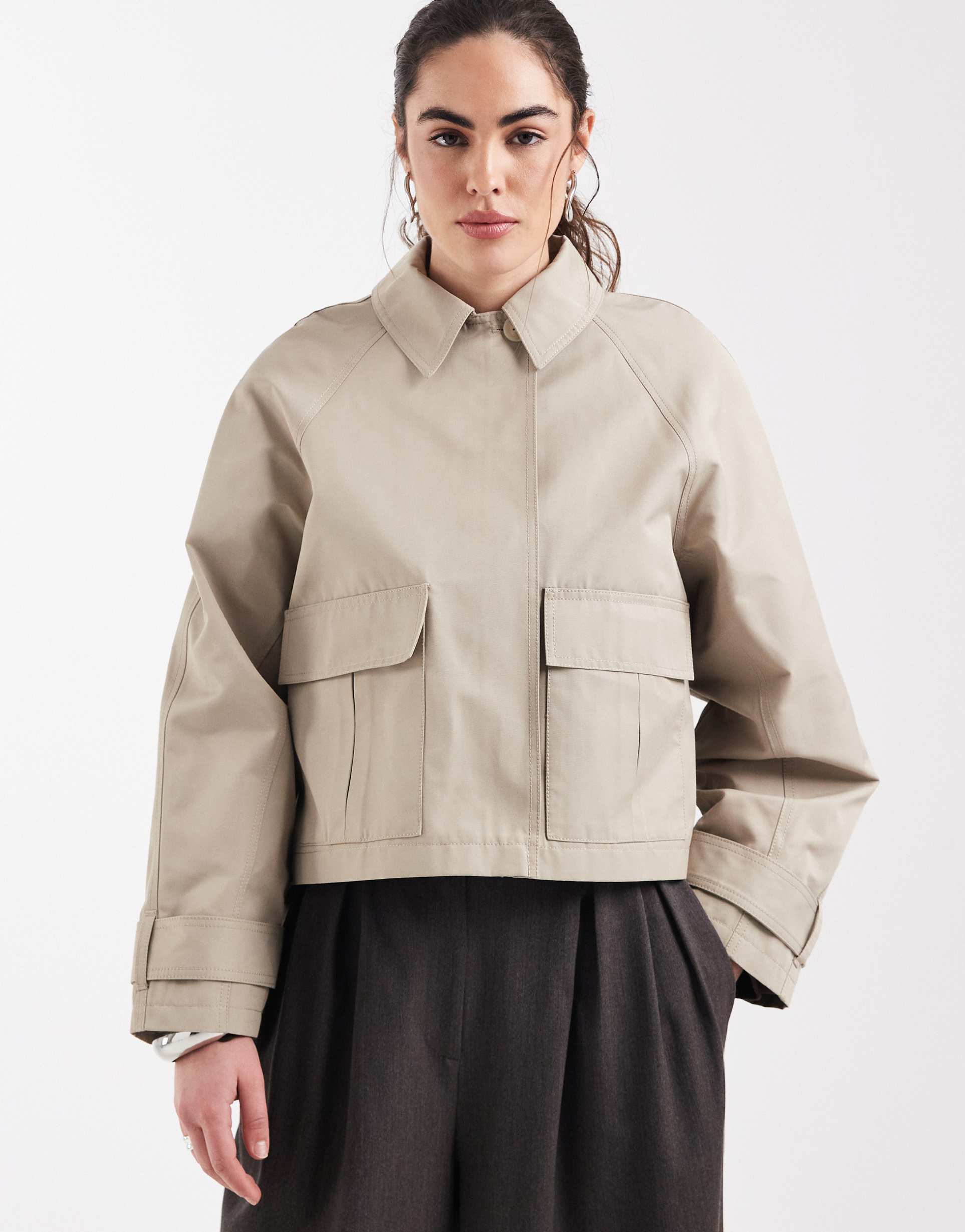 asos design utility pocket short trench jacket with cotton and water-repellent finish in light stone