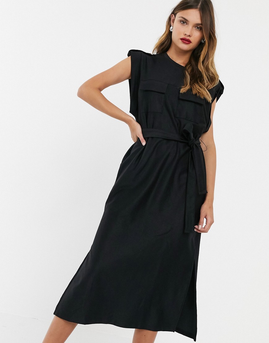 ASOS DESIGN utility pocket sleeveless belted midi dress-Black