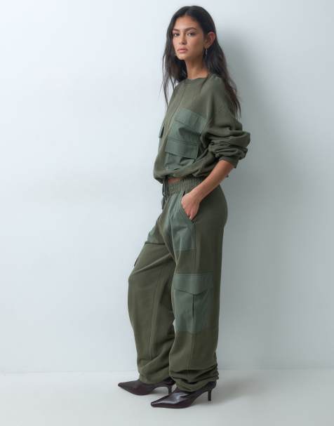 ASOS DESIGN utility pocket wide leg sweatpants in khaki - view 1