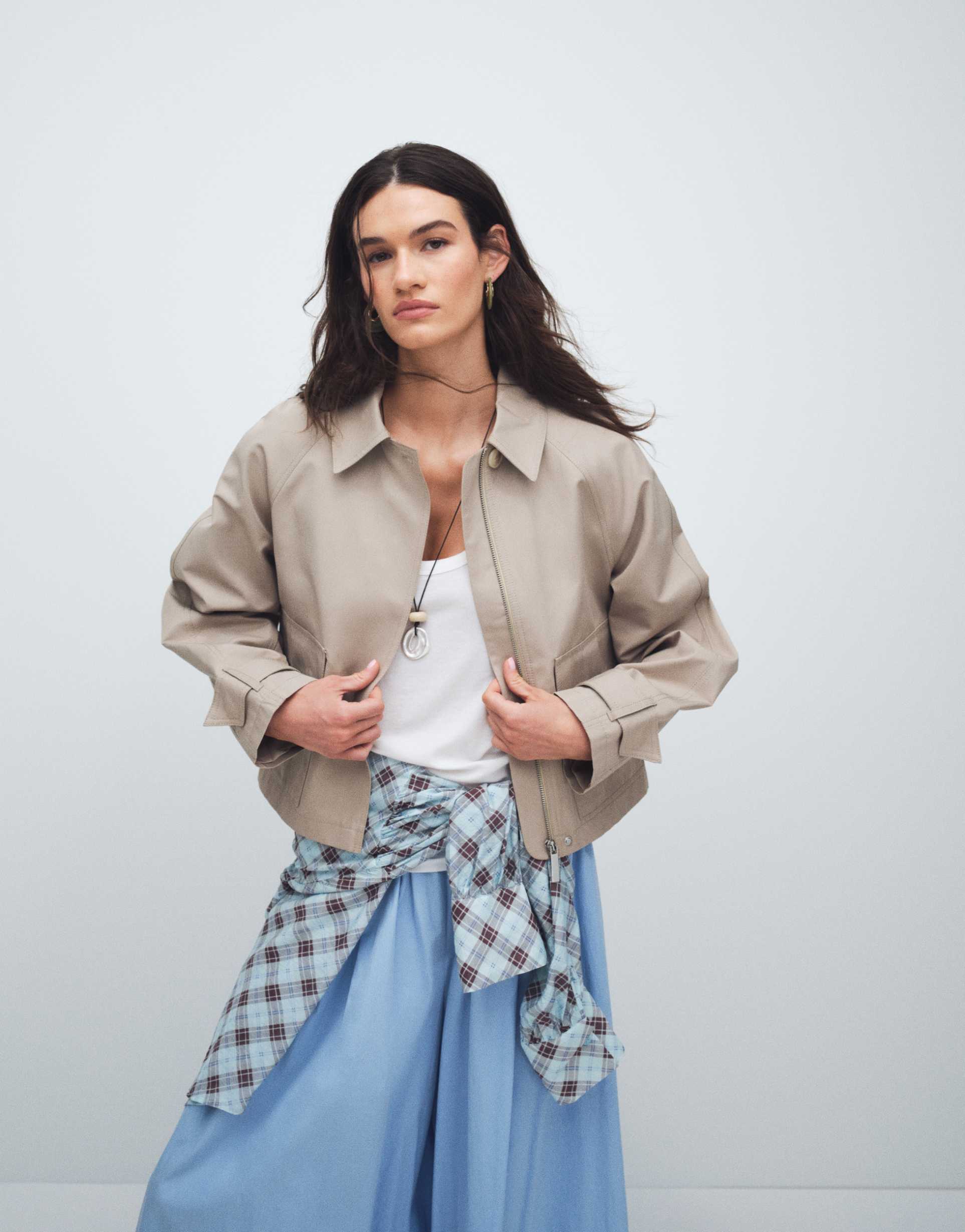 asos design utility pocketed short cape back cotton blend trench coat with water repellent finish in light stone