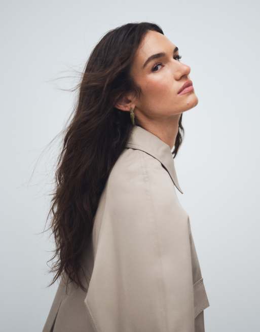 ASOS DESIGN utility pocketed short cape back cotton blend trench coat with water repellent finish in light stone, 2 of 7