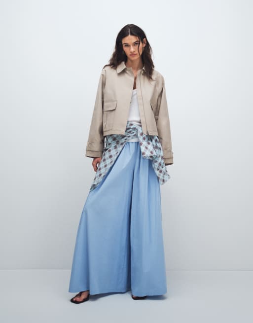 ASOS DESIGN utility pocketed short cape back cotton blend trench coat with water repellent finish in light stone, 3 of 7