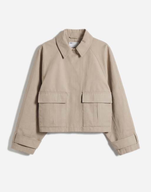 ASOS DESIGN utility pocketed short cape back cotton blend trench coat with water repellent finish in light stone, 5 of 7