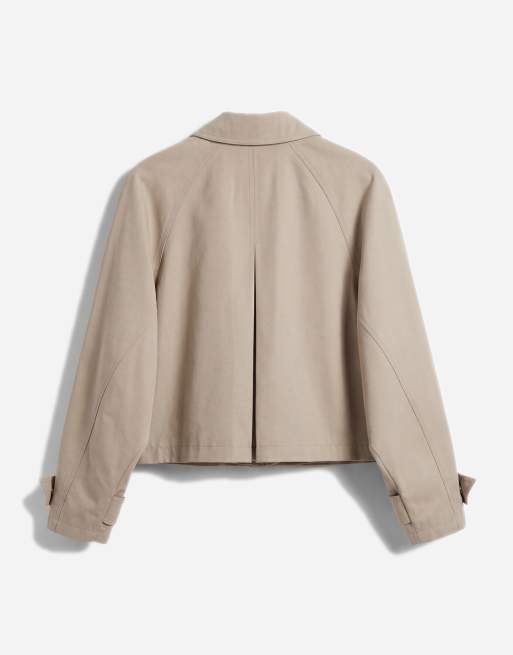 ASOS DESIGN utility pocketed short cape back cotton blend trench coat with water repellent finish in light stone, 6 of 7