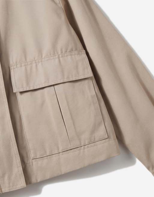 ASOS DESIGN utility pocketed short cape back cotton blend trench coat with water repellent finish in light stone, 7 of 7