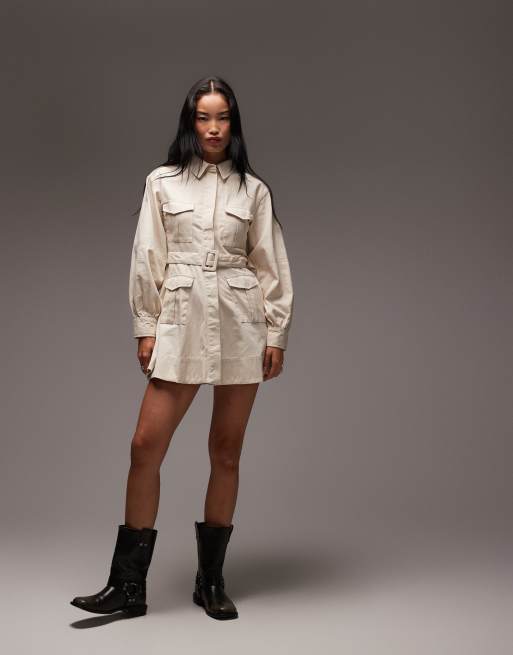 ASOS DESIGN utility shirt mini dress with belt in cream, 2 of 4