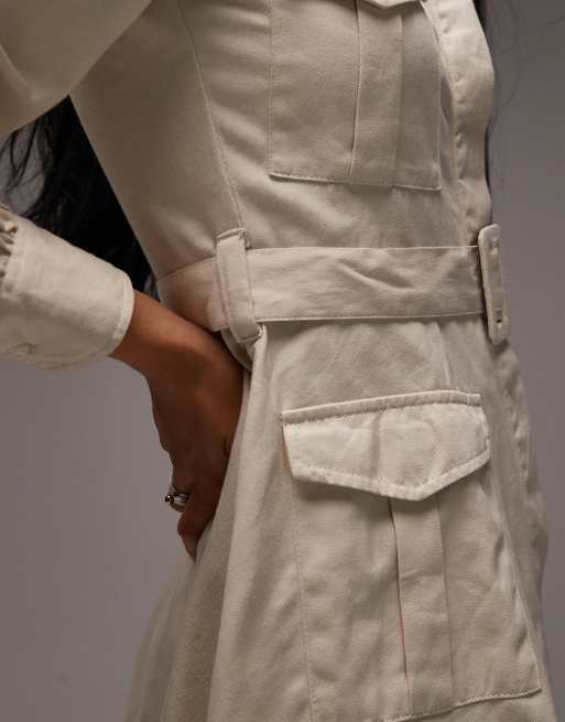 ASOS DESIGN utility shirt mini dress with belt in cream, 3 of 4