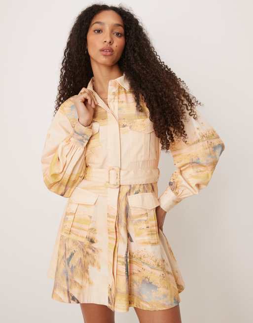 ASOS DESIGN utility shirt mini dress with belt in tropical palm print
