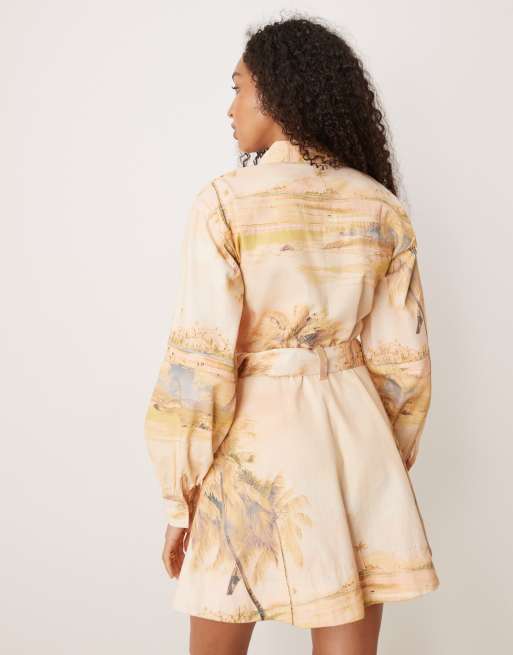 ASOS DESIGN utility shirt mini dress with belt in tropical palm print