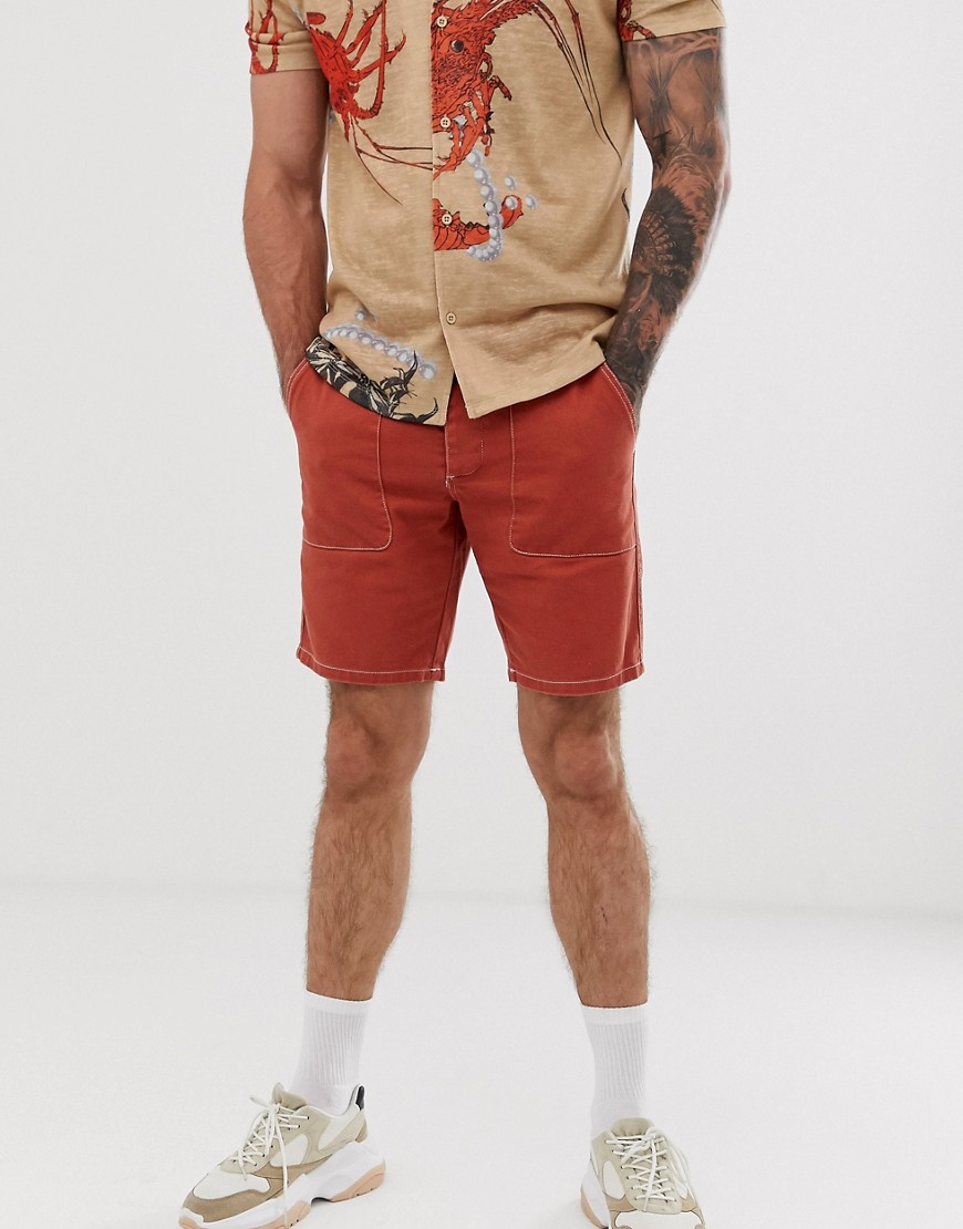 ASOS DESIGN utility shorts i rustfarvet, kraftig kanvas med kontrast syninger-Brun