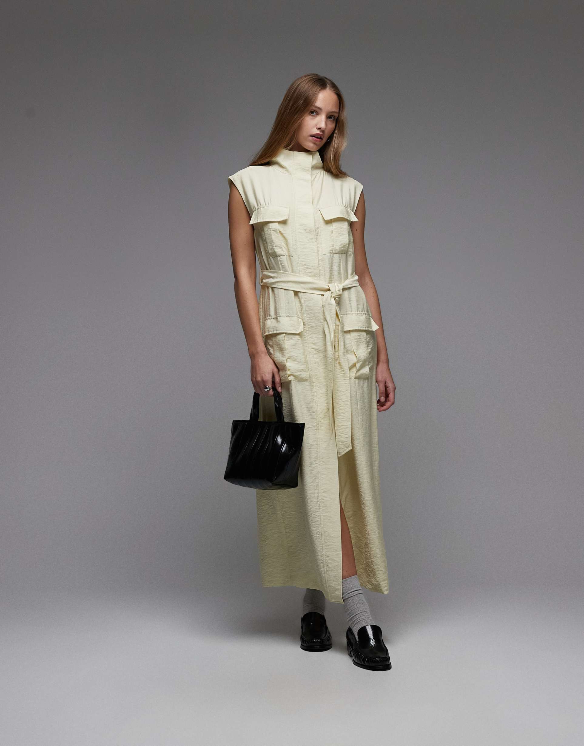 asos design utility style maxi dress with tie waist in buttermilk