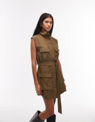 Asos Design Utility Style Mini Dress With Tie Waist In Green