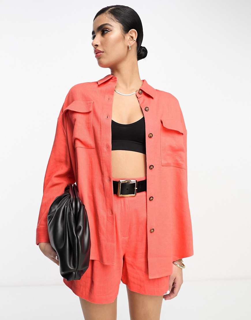 ASOS DESIGN utility suit shirt with linen in coral-Orange