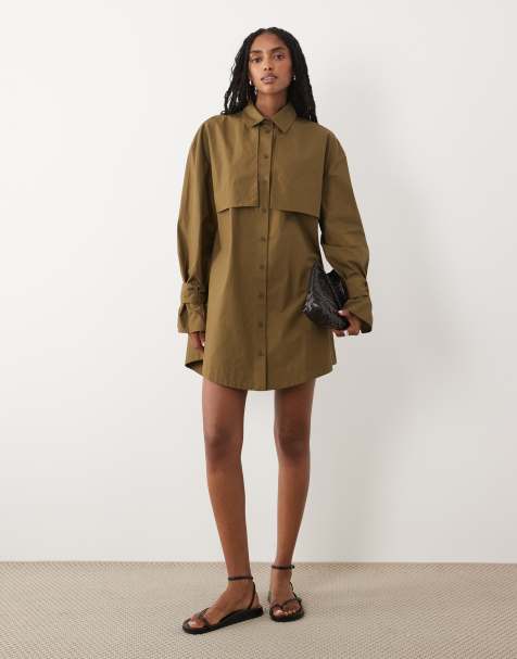 ASOS DESIGN utility trench shirt mini dress in dark olive - view 1