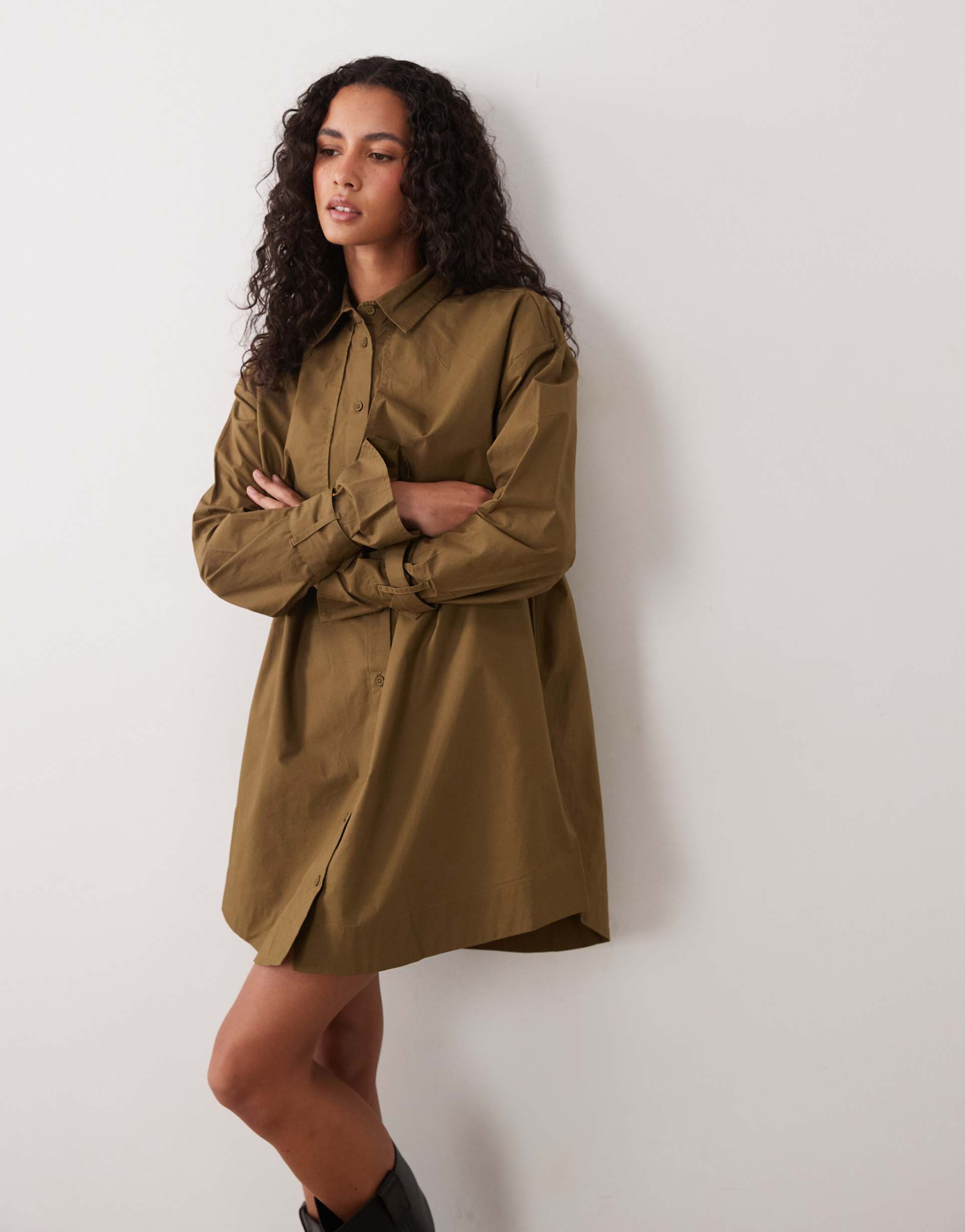 asos design utility trench shirt mini dress in dark olive