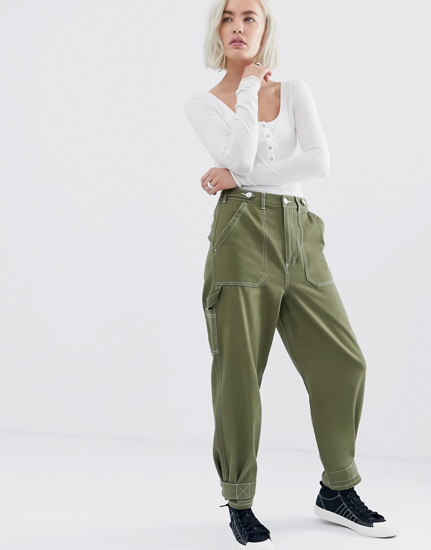ASOS DESIGN utility trouser with top stitching and tab detail-Green