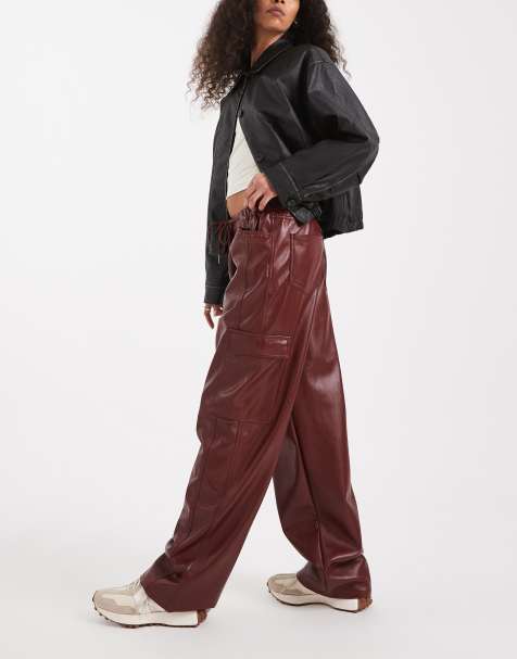ASOS DESIGN utility trousers in faux leather in burgundy - view 1