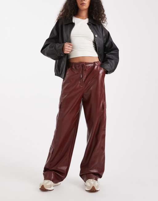 ASOS DESIGN utility trousers in faux leather in burgundy , 3 of 5