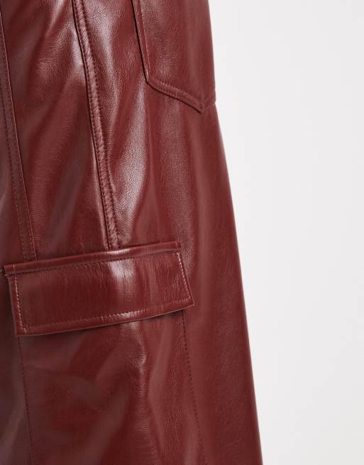 ASOS DESIGN utility trousers in faux leather in burgundy , 4 of 5