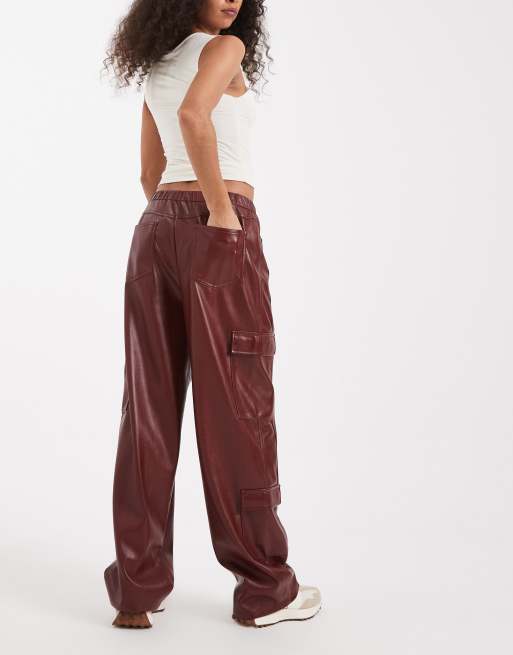 ASOS DESIGN utility trousers in faux leather in burgundy , 5 of 5