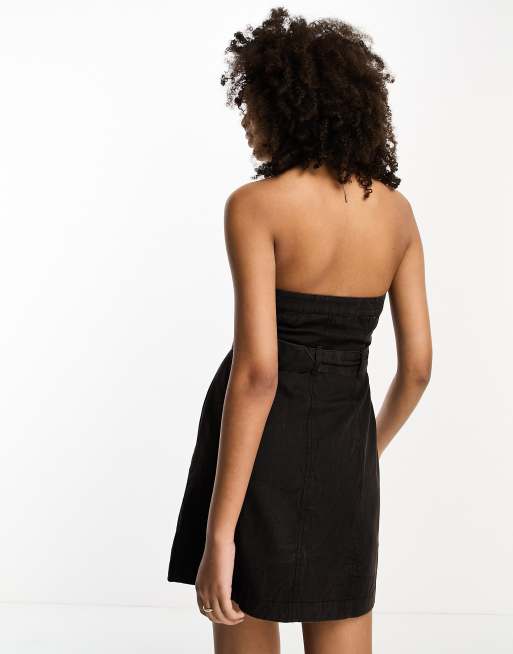 ASOS DESIGN utility twill button up mini bandeau dress with belt detail in  washed black