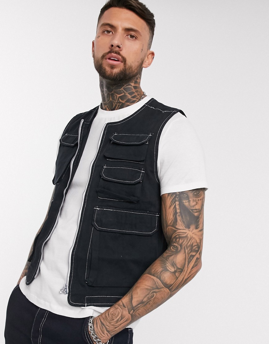 ASOS DESIGN utility vest in black with contrast stitch