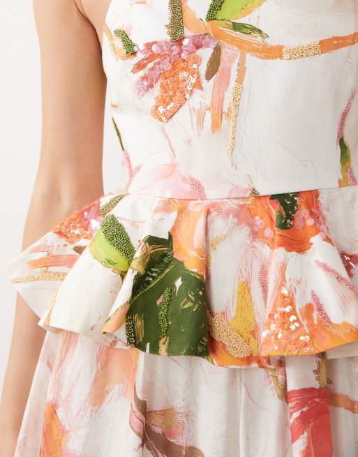 ASOS DESIGN – Utsmyckad midiklänning i peplum-modell med akvarellfärgat blommönster, 3 av 4