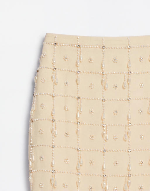 ASOS DESIGN utsmyckad rutmönstrad midikjol med pärlfrans i krämfärg, 8 av 9