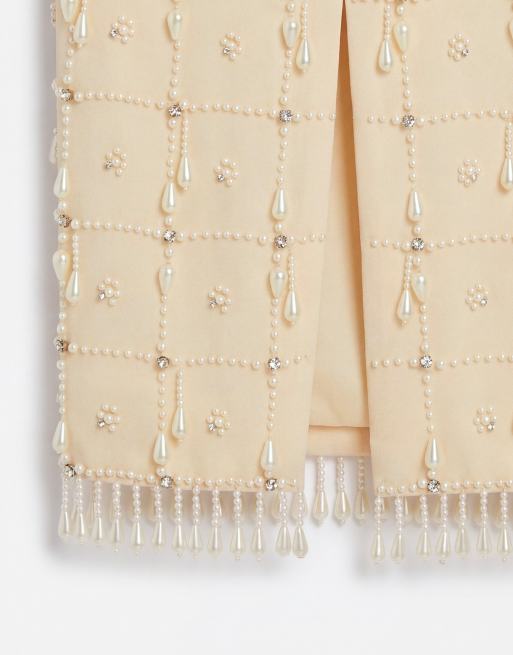 ASOS DESIGN utsmyckad rutmönstrad midikjol med pärlfrans i krämfärg, 9 av 9
