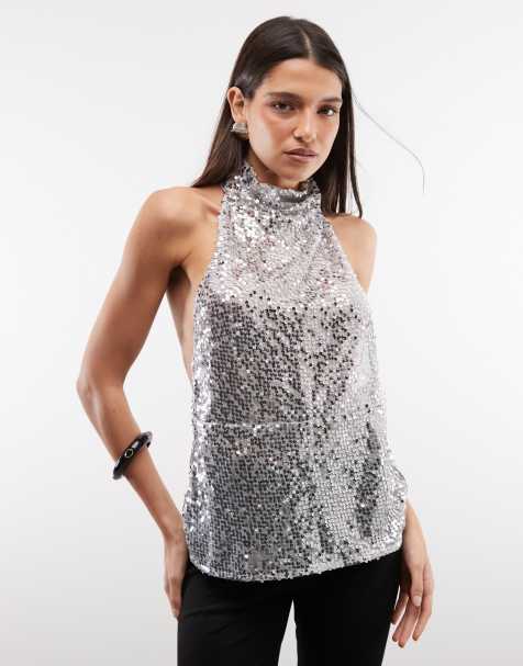 ASOS DESIGN utsmyckad skir halternecktopp med spridda paljetter i silver - view 1