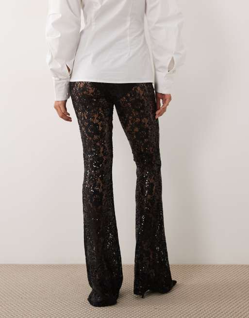 ASOS DESIGN utsvängda byxor i spets med paljetter i svart, 2 av 5