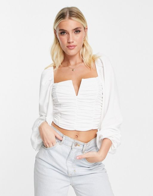ASOS DESIGN v bar volume sleeve top with ruching in white