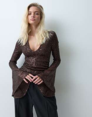 ASOS DESIGN V front angel sleeve sequin top in chocolate | ASOS