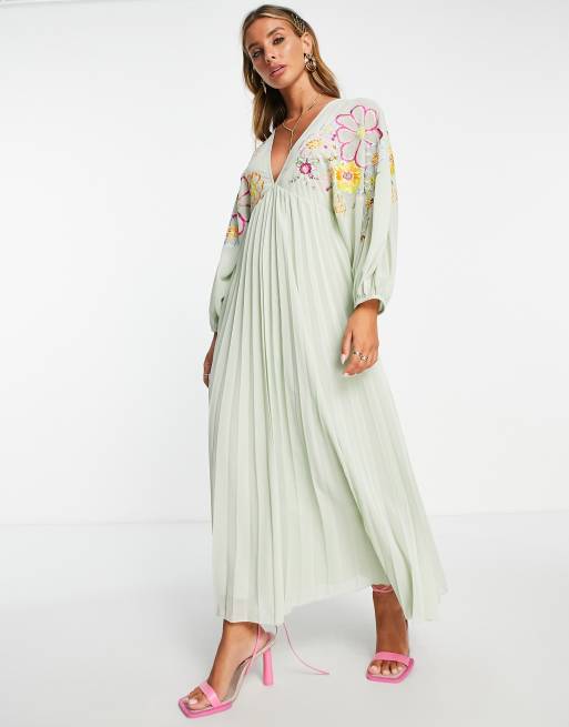 ASOS DESIGN v front baby doll pleated embroidered midi dress in pastel green