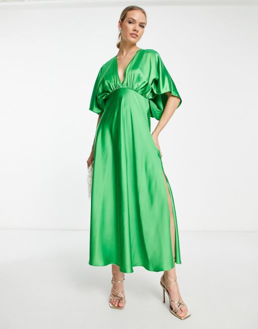 ASOS DESIGN v front batwing sleeve satin midi dress in bright green | ASOS