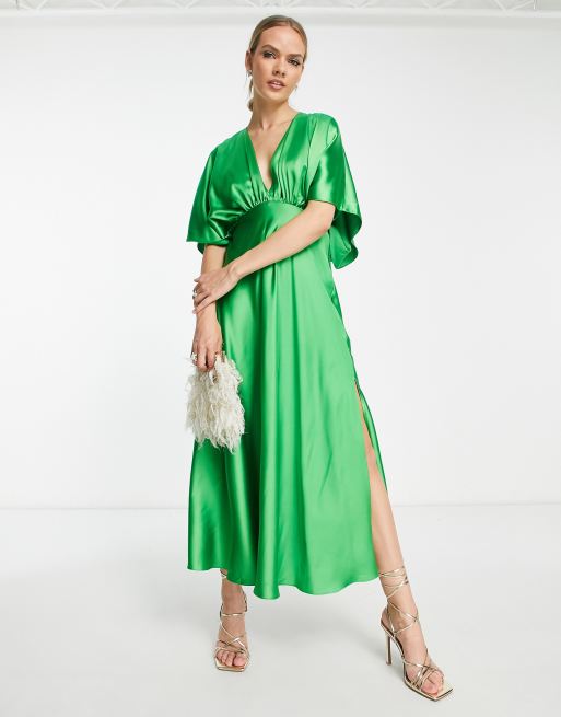 ASOS DESIGN v front batwing sleeve satin midi dress in bright green