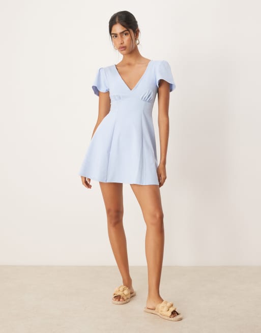ASOS DESIGN V front flutter sleeve mini tea dress in baby blue, 2 of 4